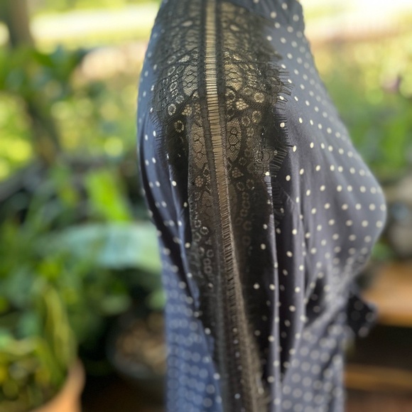 Zara Basic Polka Dot with Lace Midi Dress Navy Blue Tie Belt Medium EUC - Picture 4 of 9
